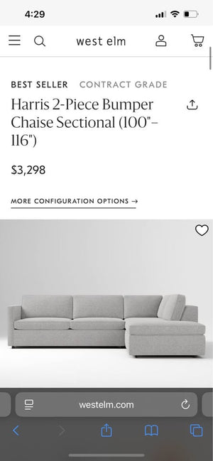 West Elm Harris 2-Piece Bumper Chaise Sectional (Storm Gray)