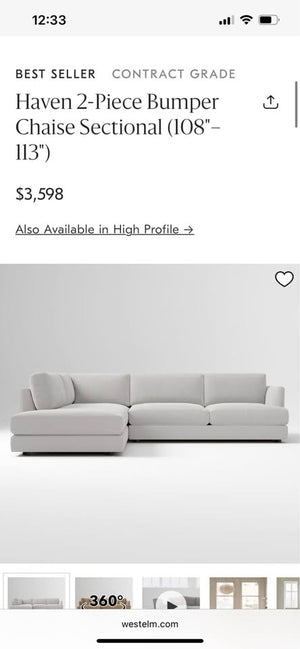 West Elm Haven 2-Piece Bumper Chaise Sectional – Feather Gray