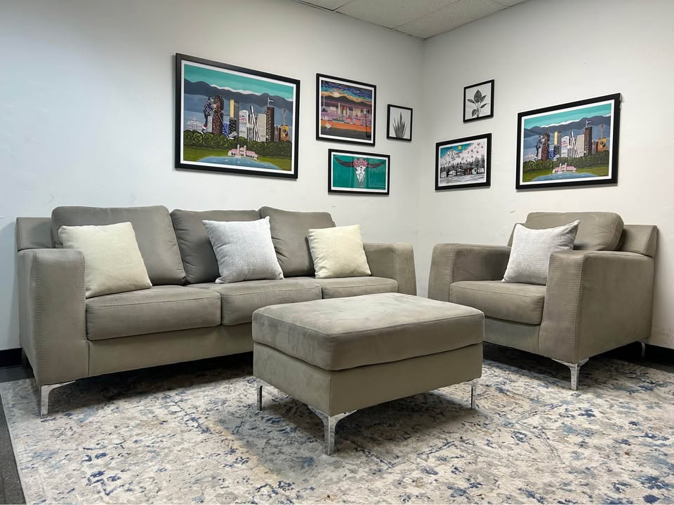 3-Pc Modern Light Gray Sofa And Chair Set With Ottoman