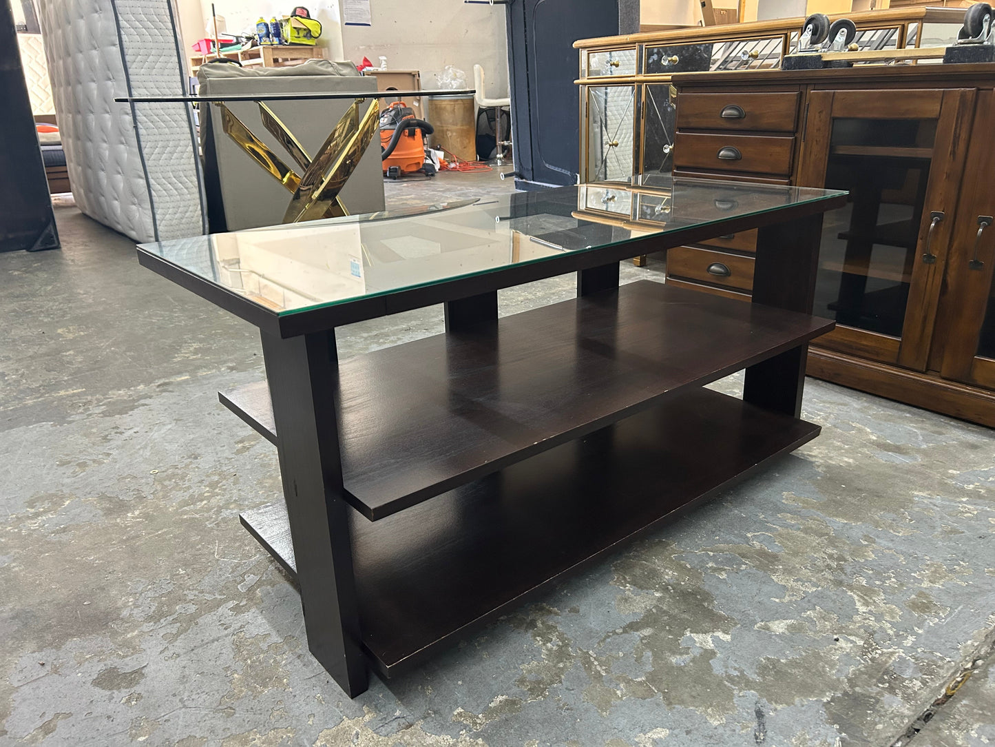 Dark Brown Wooden Glass-Top Entertainment Center