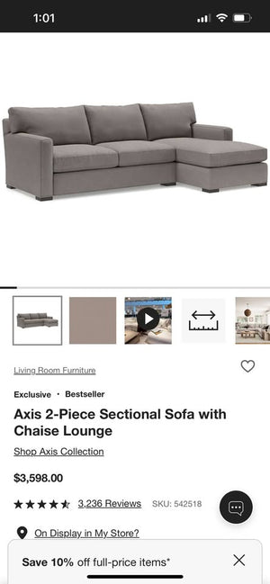 Crate & Barrel Taupe Axis 2-Pc Chaise Sectional