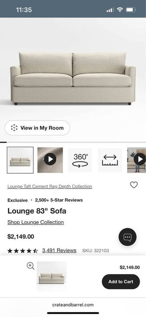 Crate & Barrel 83” Lounge Deep Sofa w/Storage Ottoman (Beige)