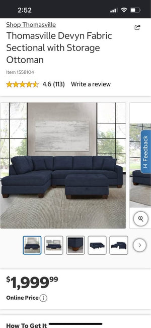 Thomasville Devyn Fabric Sectional w/Storage Ottoman (Navy)