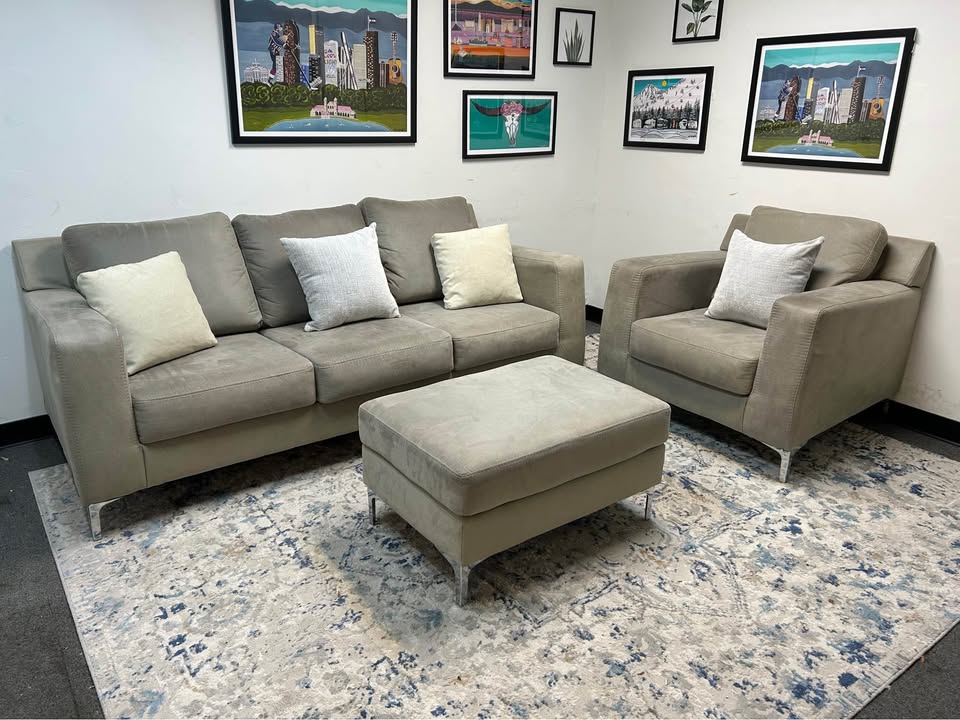 3-Pc Modern Light Gray Sofa And Chair Set With Ottoman
