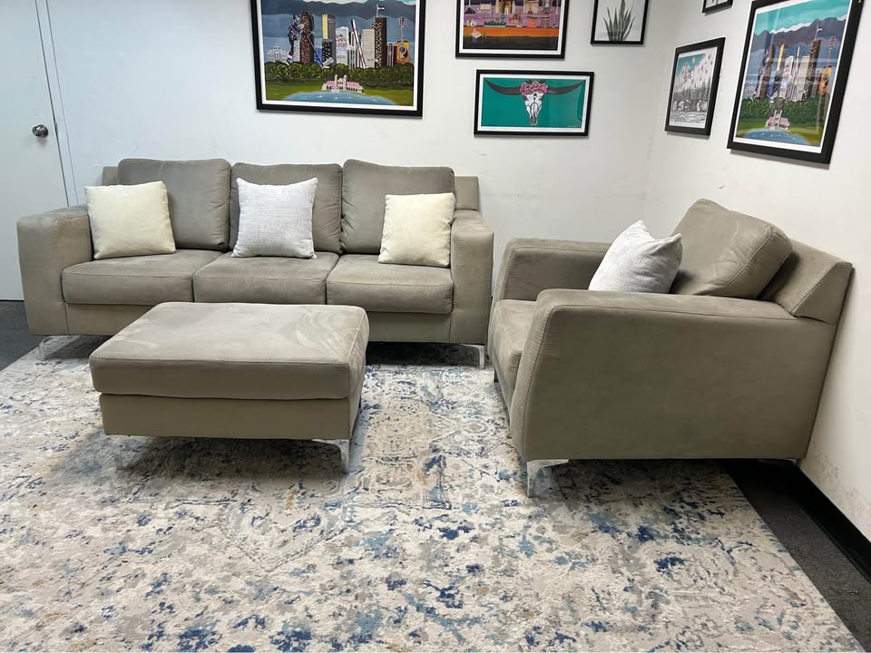 3-Pc Modern Light Gray Sofa And Chair Set With Ottoman
