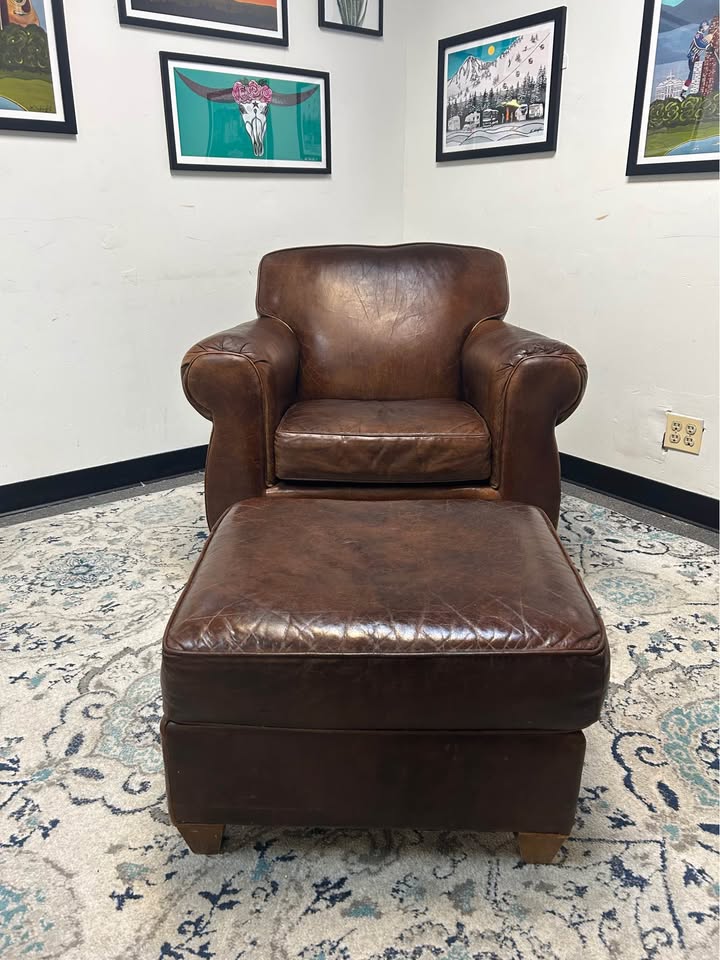 Mitchell Gold Full-Grain Brown Leather Chair With Ottoman