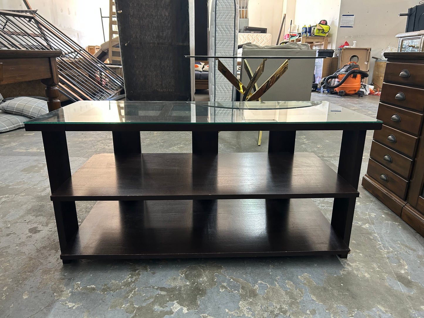 Dark Brown Wooden Glass-Top Entertainment Center