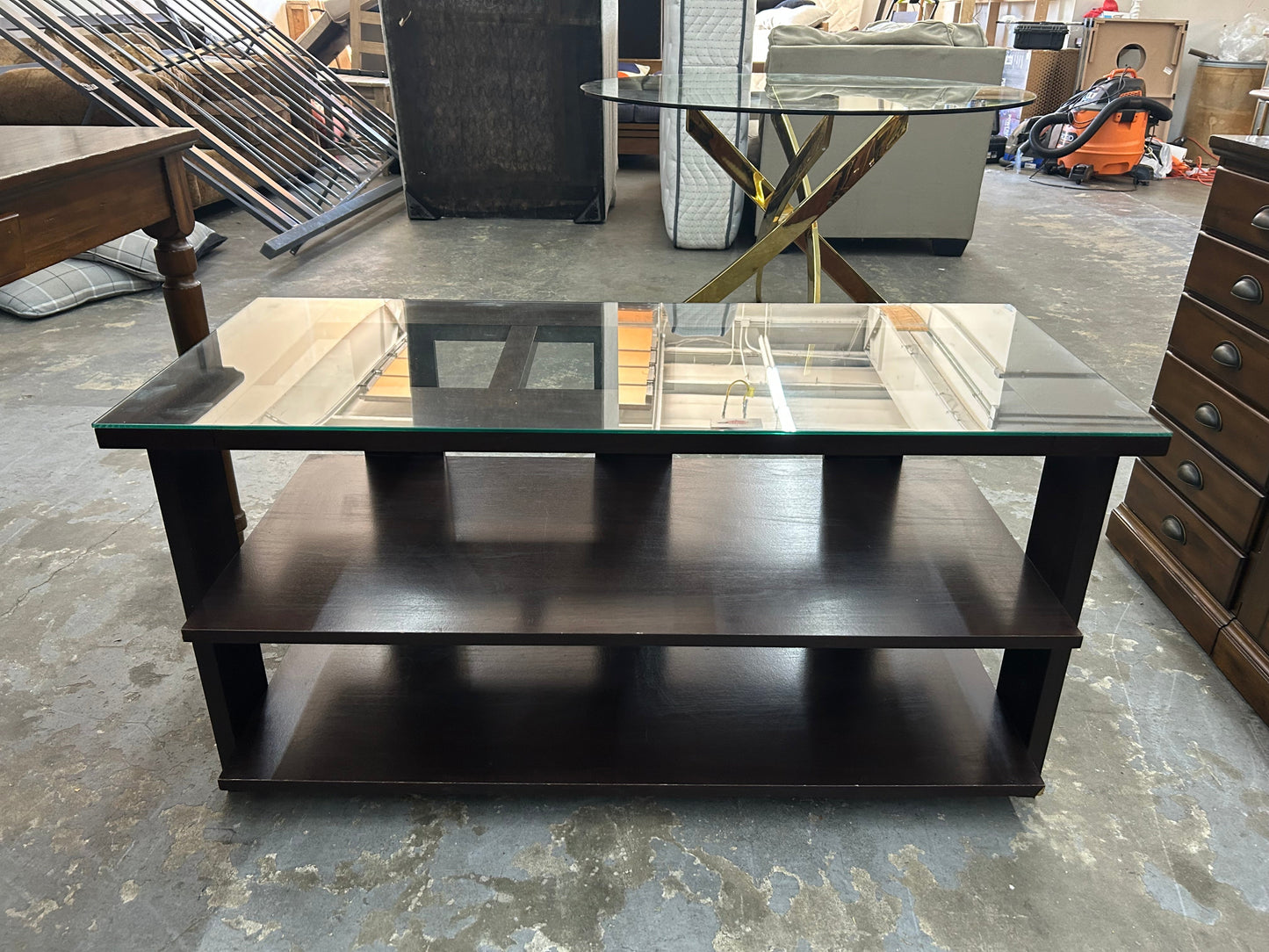 Dark Brown Wooden Glass-Top Entertainment Center