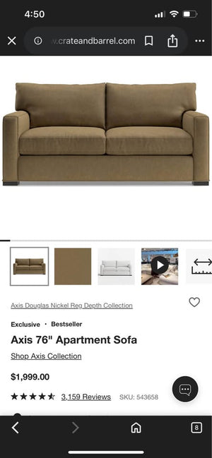 Crate & Barrel Taupe 76'' Axis Sofa