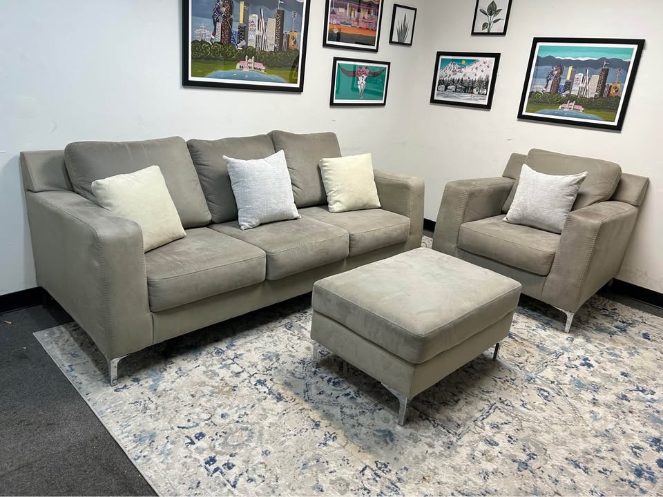 3-Pc Modern Light Gray Sofa And Chair Set With Ottoman