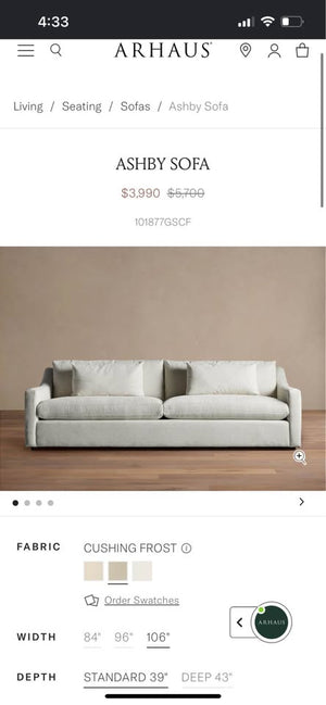 Arhaus 106'' Gray Ashby Sofa