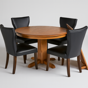 Round Oak Pedestal Dining Table with Leaf & 4 Black Faux Leather Chairs