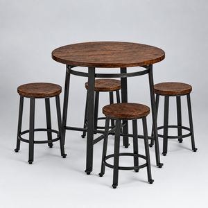 Rustic Industrial Round Counter-Height Dining Table Set with 4 Backless Stools