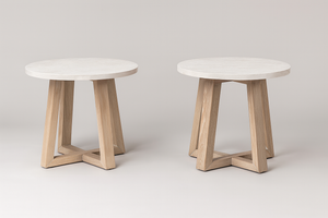 Set of Modern Farmhouse Round End Tables with Geometric Wood Bases