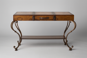 Vintage World Map Trunk-Style Console Table with Iron Scroll Legs