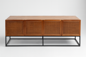 Mid-Century Modern Rattan Cane 4-Door Media Console / Sideboard