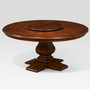 Large Round Wood Pedestal Dining Table with Lazy Susan