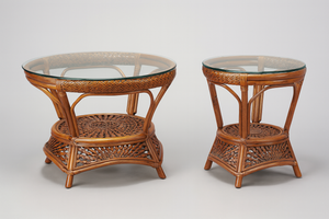 Wicker Wood Coffee Table Set with Glass Top