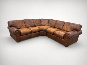 Brown Leather L-Shaped Sectional with Rolled Arms & Nailhead Trim