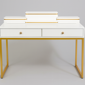 Modern White & Gold Vanity Desk with Drawers & Tiered Organizer