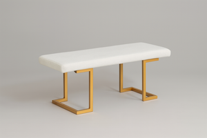 Modern White Bouclé Bench with Gold Geometric Legs