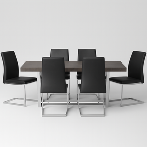 Modern Gray Dining Table Set with 6 Black Leather Chairs & Chrome Legs