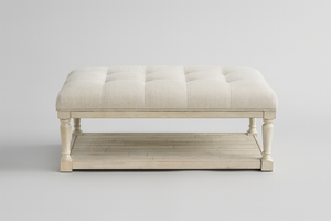 Farmhouse Tufted Upholstered Bench with Distressed Wood Shelf